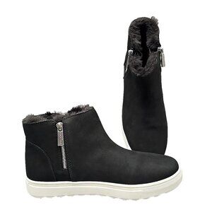J/Slides Waterproof Ankle Booties Faux Fur Lined Black Nubuck Women's Size 10
